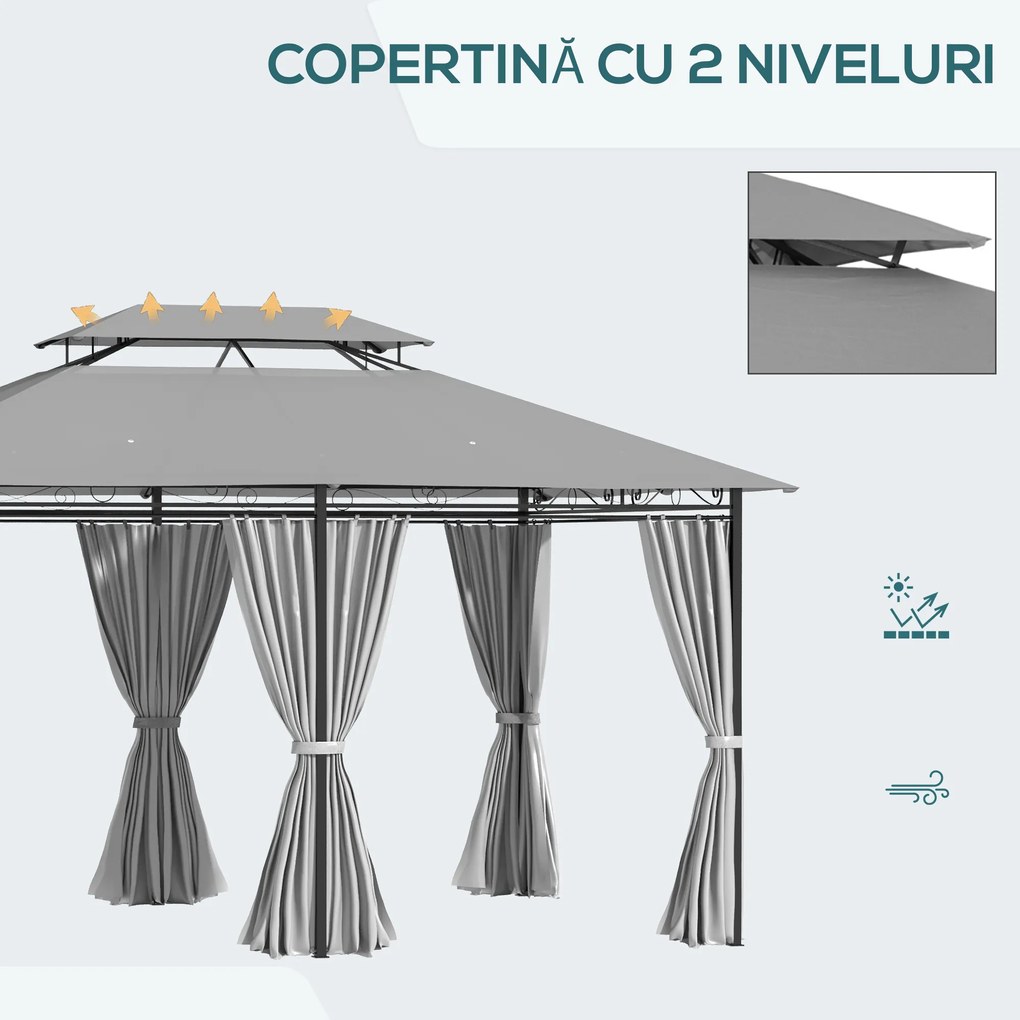 Outsunny Gazebo 4x3 m cu 6 Perdele și Acoperiș cu 2 Niveluri, din Oțel și Poliester, Gri Închis | Aosom Romania