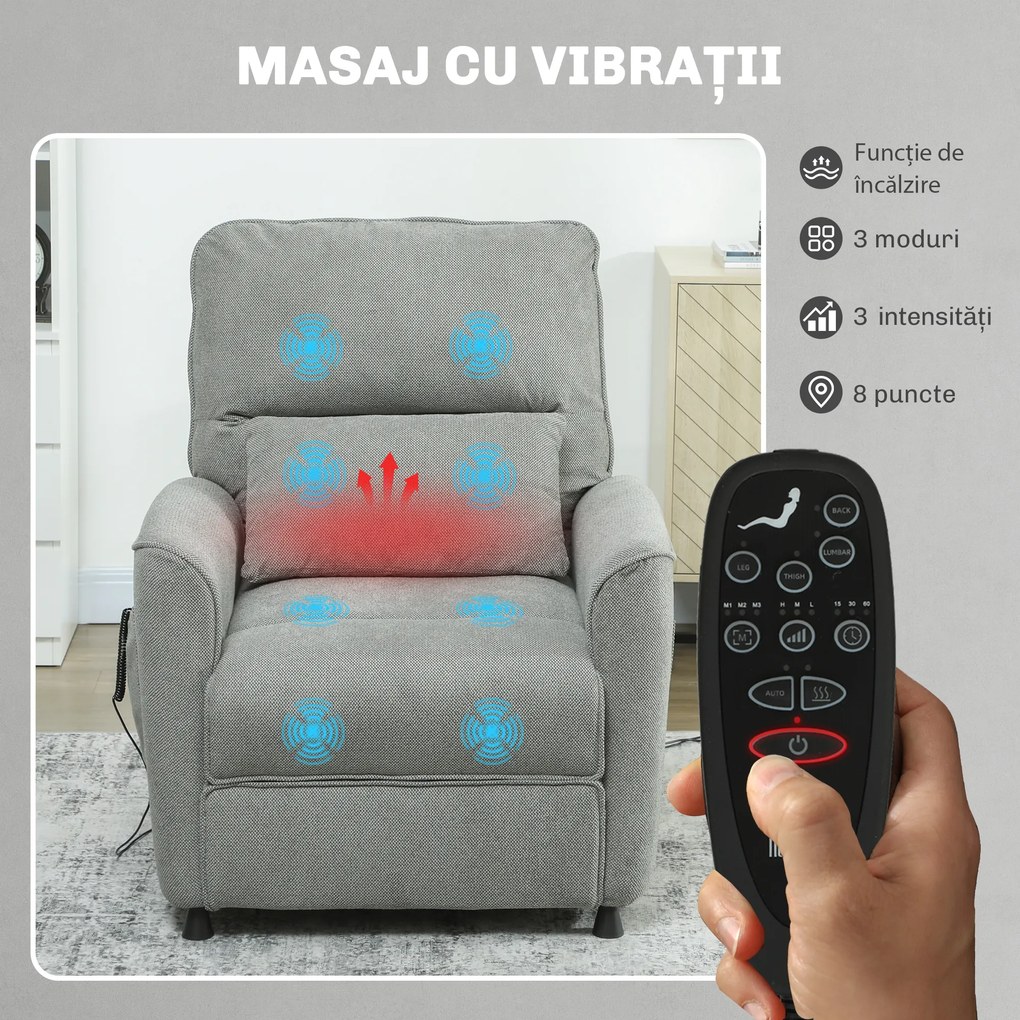 HOMCOM Fotoliu Relaxant Electric cu Masaj și Încălzire, Silențios, Reclinabil 150° în Cinilie cu Pernă, Funcție de Memorare, 2 Telecomenzi, Suport pentru Picioare, Pentru Living sau Birou, Gri Închis | Aosom Romania