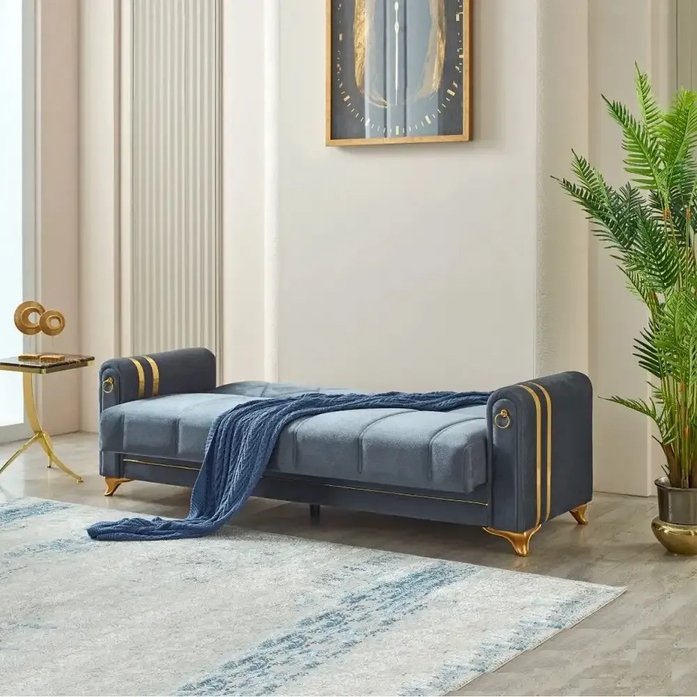 Canapea extensibila cu lada de depozitare 220x87x93 cm ,albastru, detalii aurii –Camara