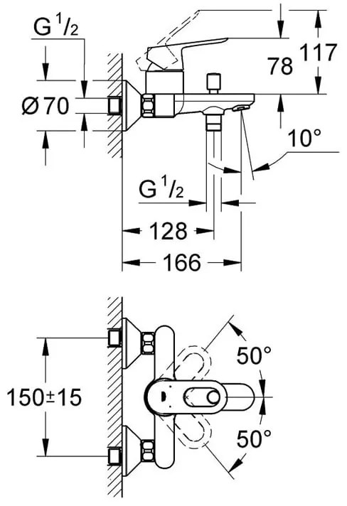 Pachet: Baterie baie cada Grohe Bauloop-23341000+Set dus Grohe New Tempesta 100 lungime 1,25m-27799001