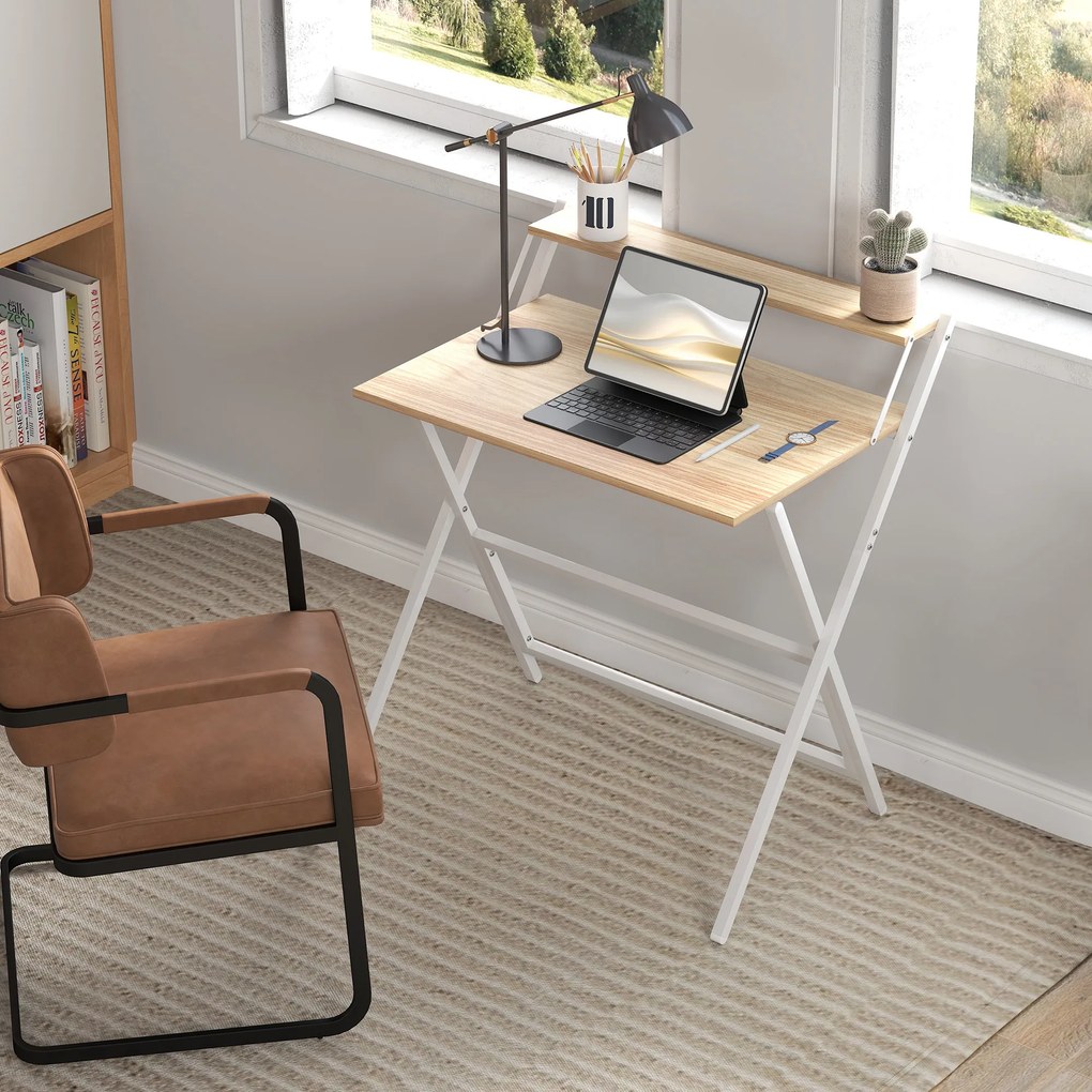 Birou HOMCOM pliant compact, suport monitor, lemn natural | Aosom Romania