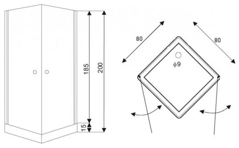Cabină de duș pătrată MADRID cu ușă batantă, 80x80x185 cm