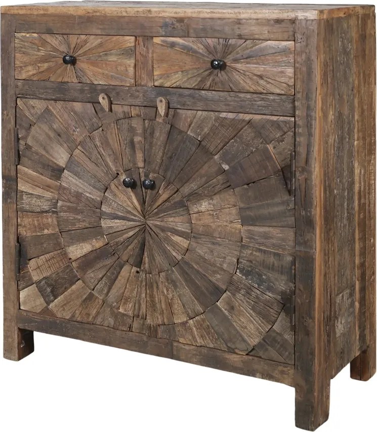 Bufet rustic din lemn vechi reciclat, 2 uși cu decor solar sculptat, 2 sertare, 90 cm, „Grimaud"