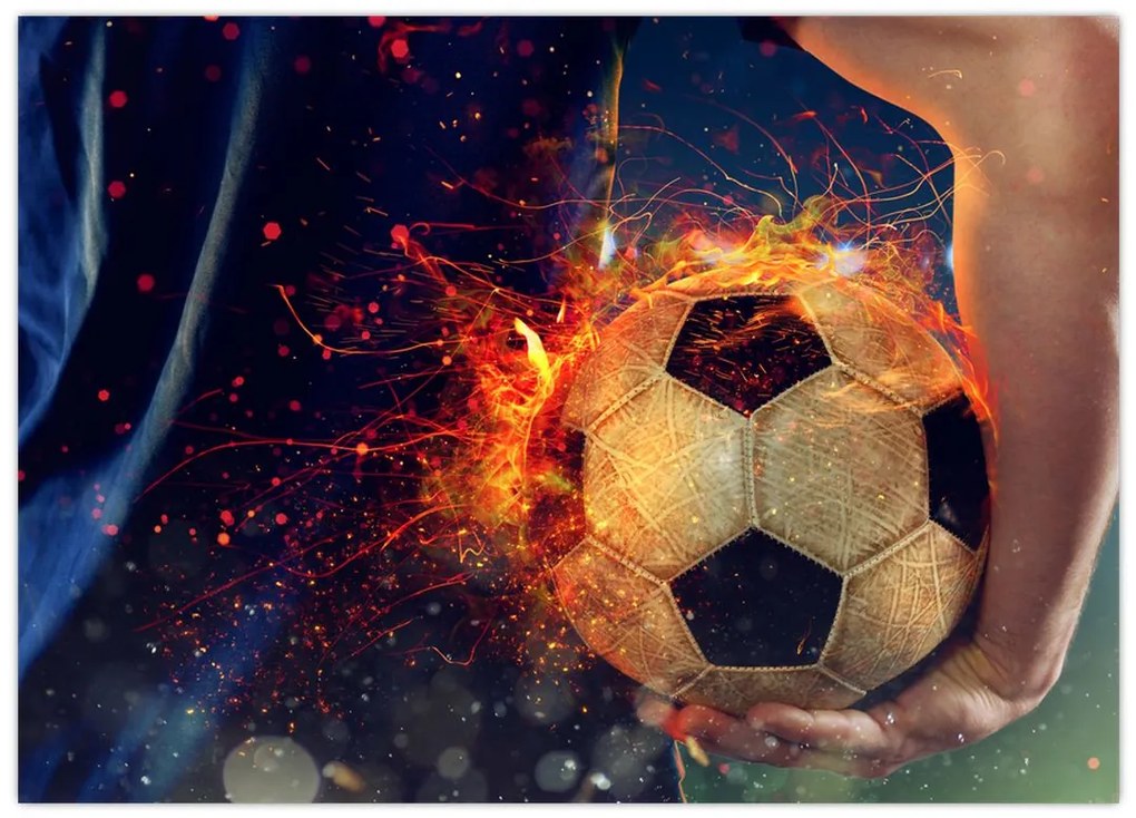 Tablou pe sticlă - Minge de fotbal în flăcări (70x50 cm)
