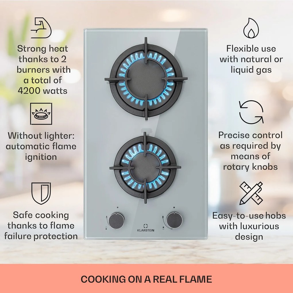 Klarstein Firetale, plită cu gaz, 2 arzătoare, arzătoare din aluminiu, gaz natural/propan