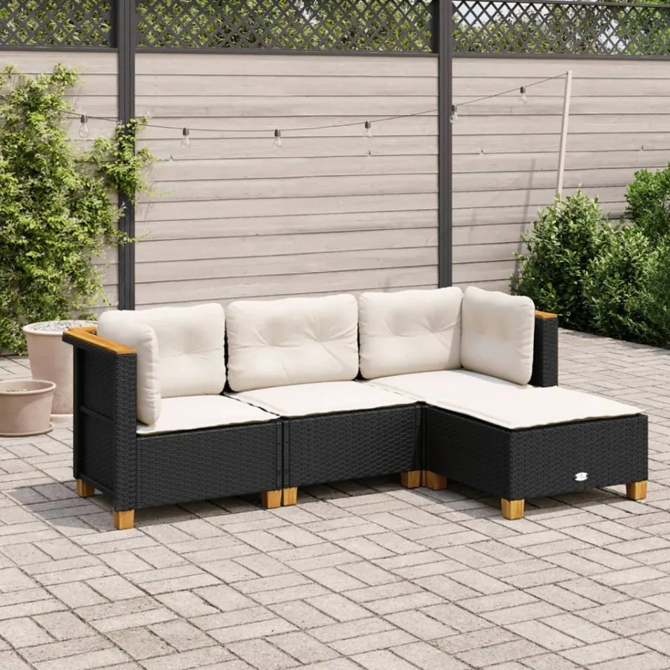 Set mobilier de grădină cu perne, 4 piese, negru, poliratan