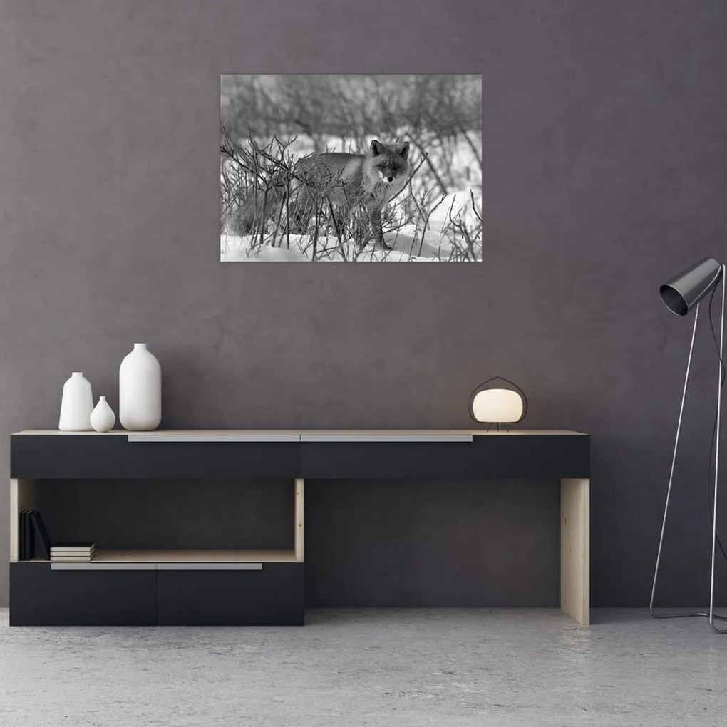 Tablou pe sticlă - Vulpe în timpul iernii (70x50 cm)