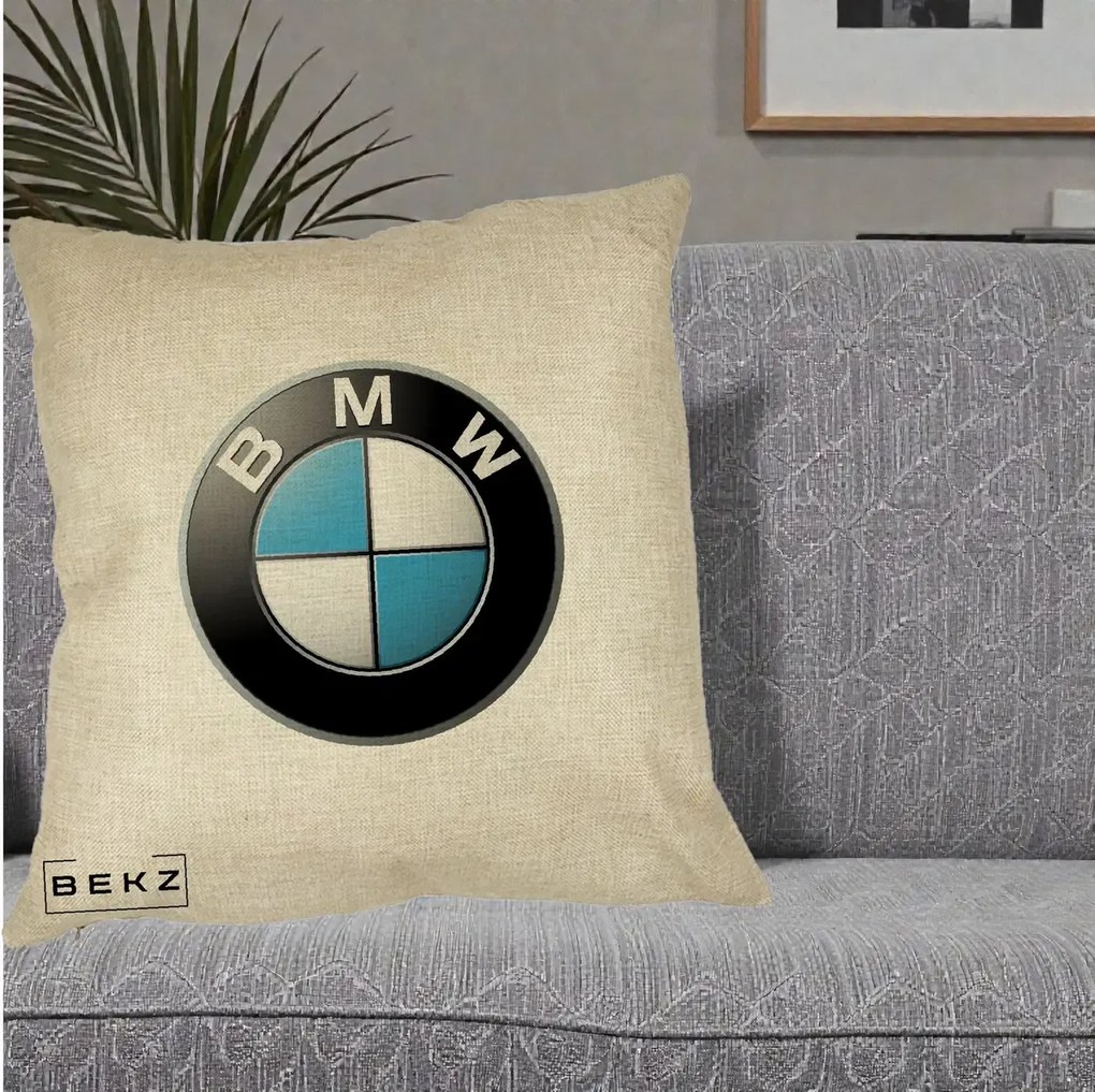 Perna Personalizata cu emblema BMW, 40x40 cm, Crem, Husa Detasabila, Perna Inclusa, BEKZ®