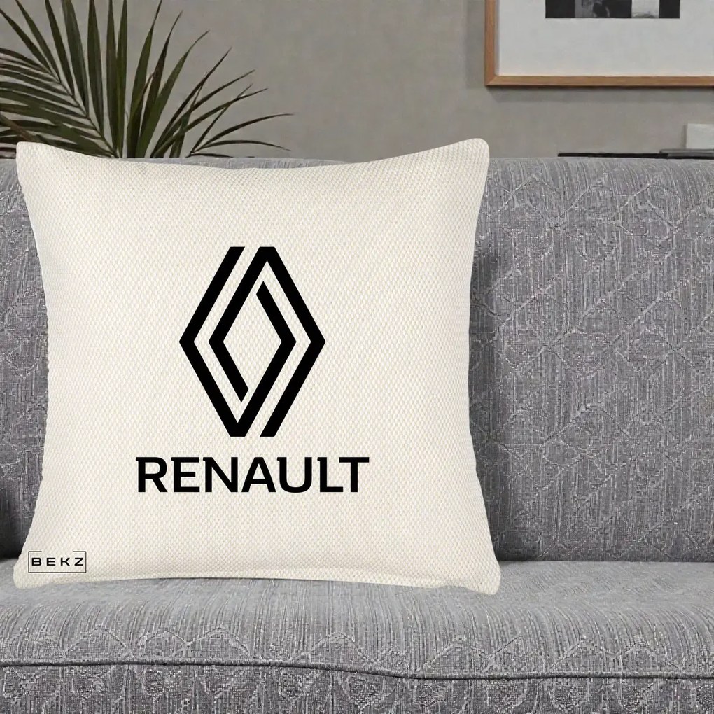 Perna Personalizata cu emblema Renault, 40x40 cm, Crem Reliefat, Husa Detasabila, Perna Inclusa, BEKZ®