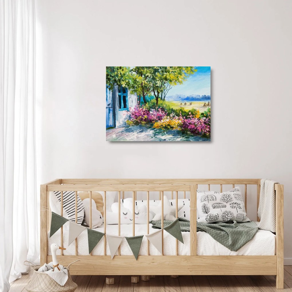Tablou pe sticlă - Grădina din fața casei, pictură în ulei (70x50 cm)