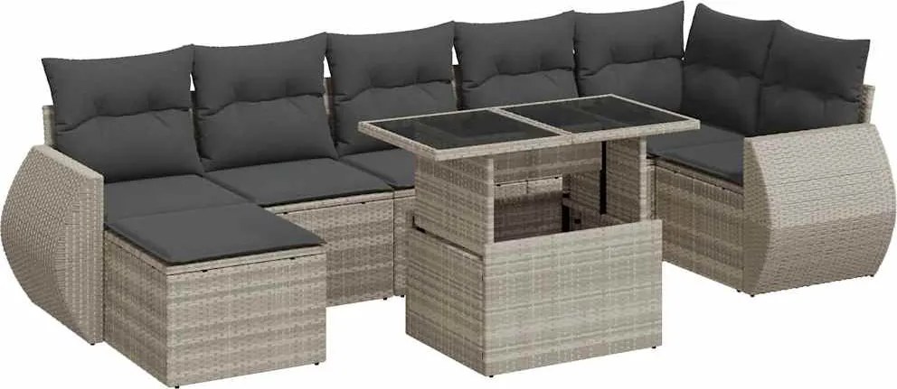 vidaXL Set mobilier de grădină cu perne, 8 piese gri deschis poliratan