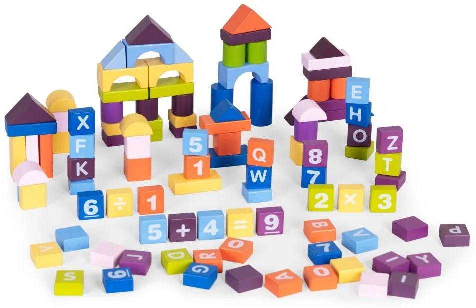 Set de construcții educaționale din lemn pentru copii - 108 piese colorate