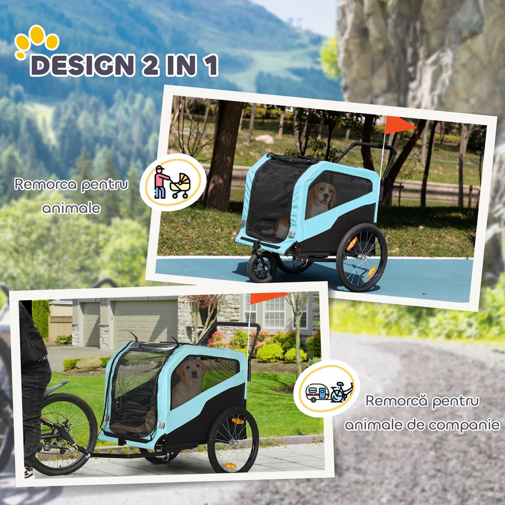 PawHut Remorcă Bicicletă pentru Câini cu Două Intrări Buzunare Cadru Oțel Țesătură 170x77x90cm Albastru | Aosom Romania
