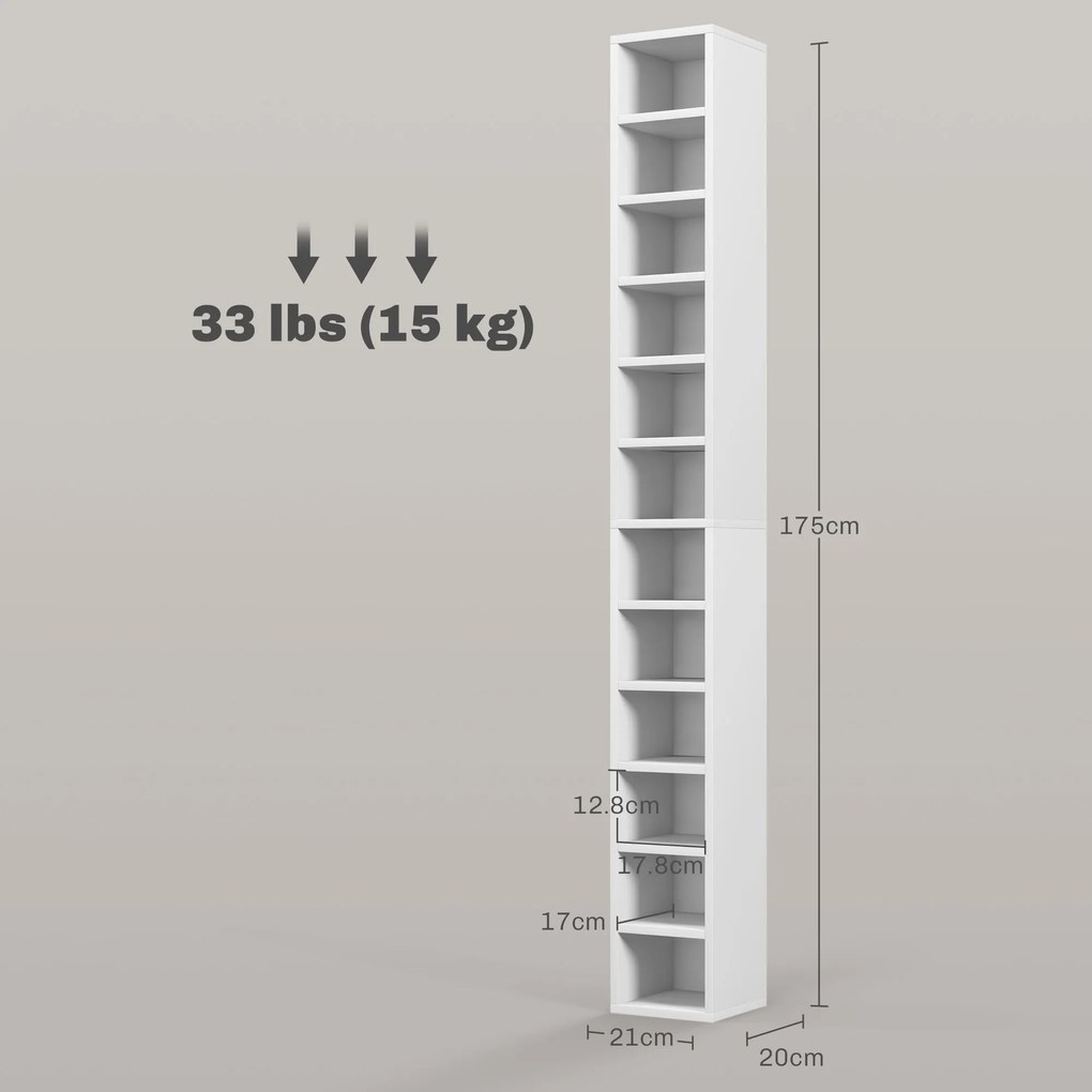 HOMCOM Depozite pentru CD-uri și DVD-uri cu 12 compartimente, capacitate maximă 204 CD-uri, 21 x 20 x 175 cm, alb | Aosom Romania