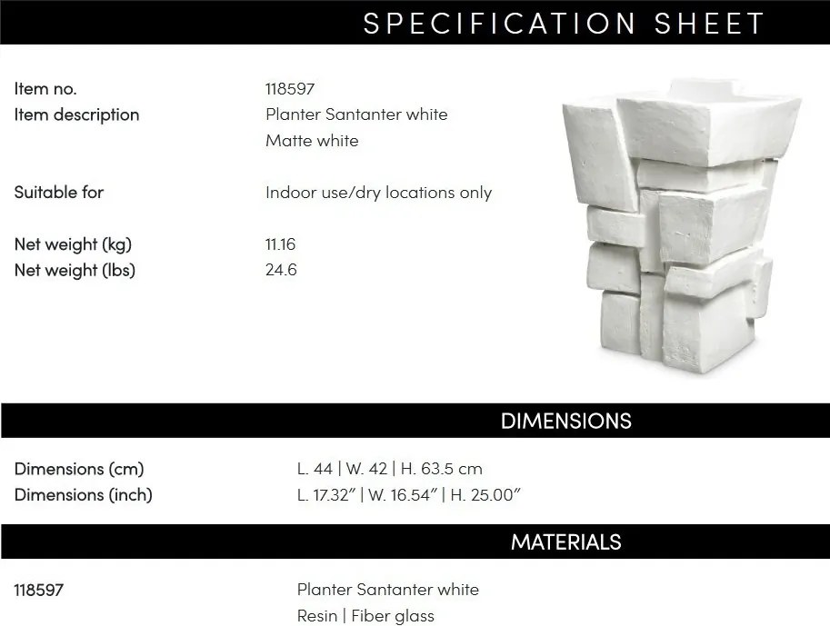 Ghiveci de flori LUX, Fibra de sticla, Alb, Santanter