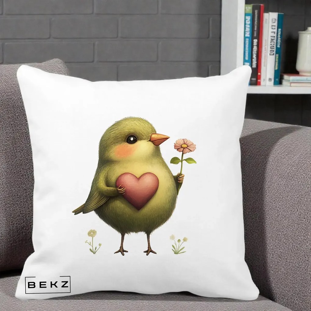 Perna Decorativa Pasare Verde cu Inima si Floare, 40x40 cm, Alba Mata, Husa Detasabila, Perna Inclusa, BEKZ®