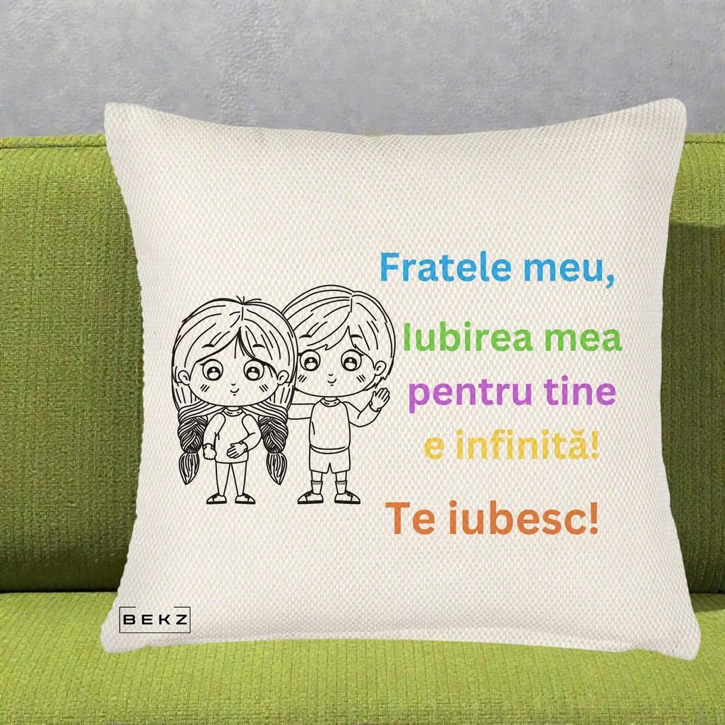 Cadou pentru Frate - Perna Personalizata Fratele Meu Te Iubesc Copii Anime Colorat, 40x40 cm, Crem Reliefat, Husa Detasabila, Perna Inclusa, BEKZ®