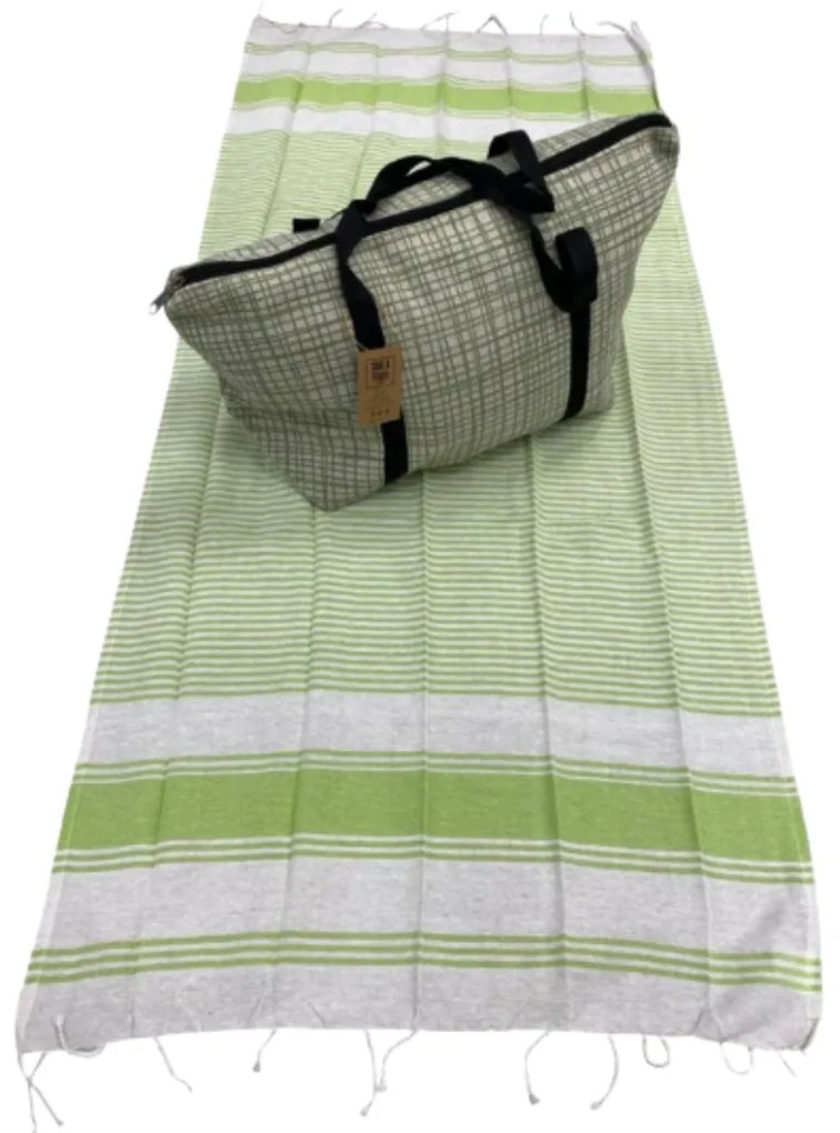 Set elegant geanta de plaja + prosop HAMAM 75 x 150 cm, verde