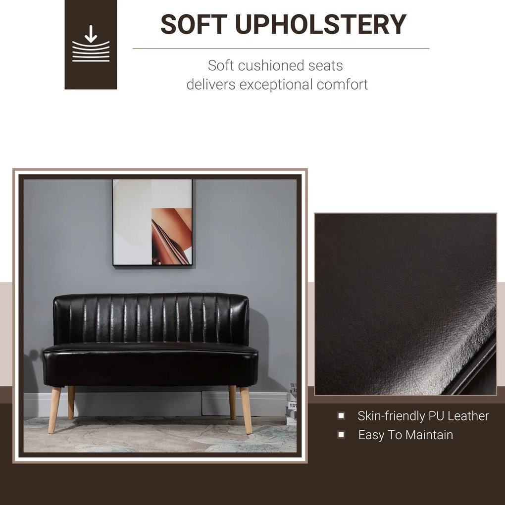 HOMCOM Canapea moderna din material imitatie de piele cu 2 locuri fara brate, structura si picioare din lemn, 117x56,5x77cm maro inchis 
