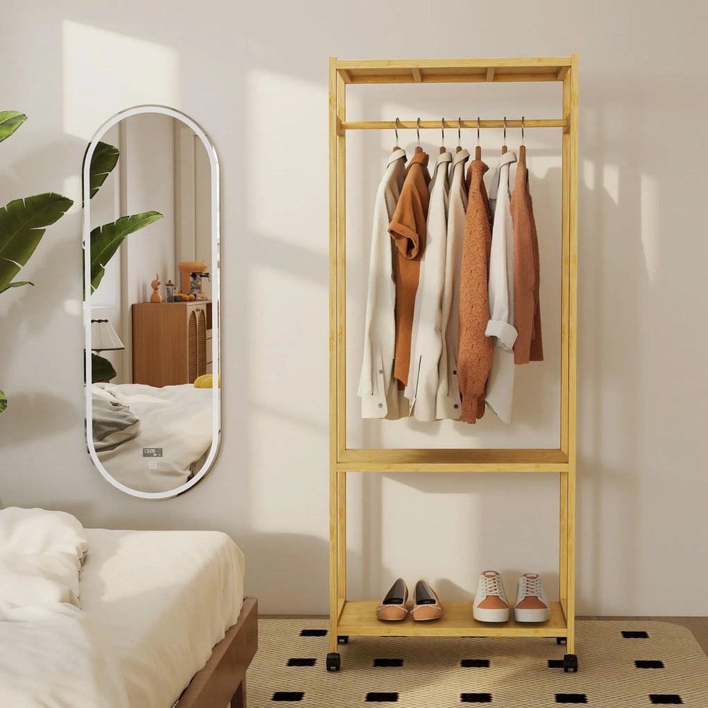 HOMCOM Cuier de Podea cu Bară și 4 Roți, Economisire Spațiu, Cuier din Bambus cu Rafturi Inferioare, pentru Dormitor, Hol, 70x35x175 cm, Lemn Natural | Aosom Romania