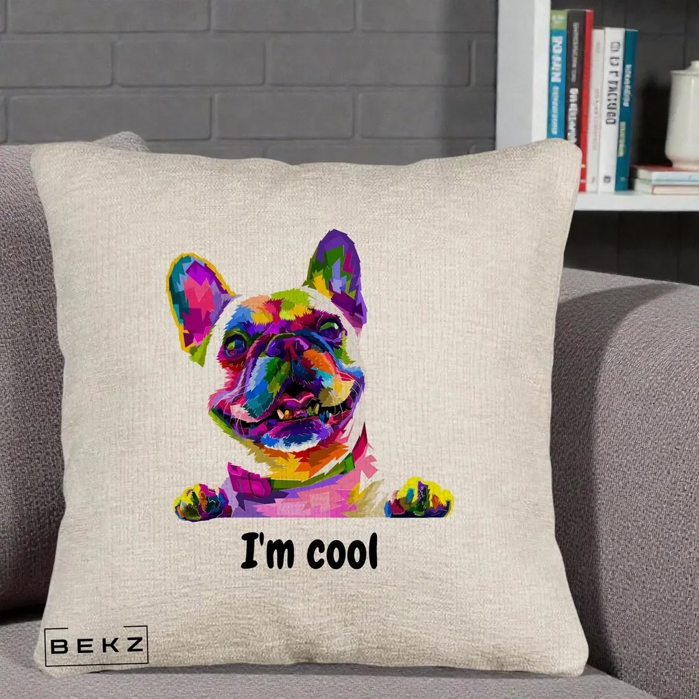 Perna Personalizata Bulldog Francez I'm Cool, 40x40 cm, Bej Canapea, Husa Detasabila, Perna Inclusa, BEKZ®