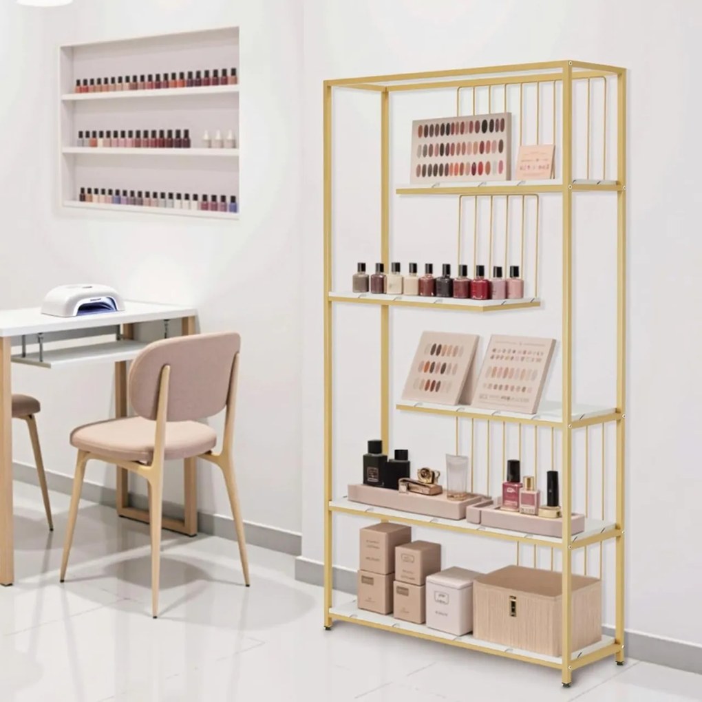 RAAU211 - Raft manichira, 100 cm pentru salon cosmetica, birou, hol, living, baie - Alb imitatie de marmura - Auriu