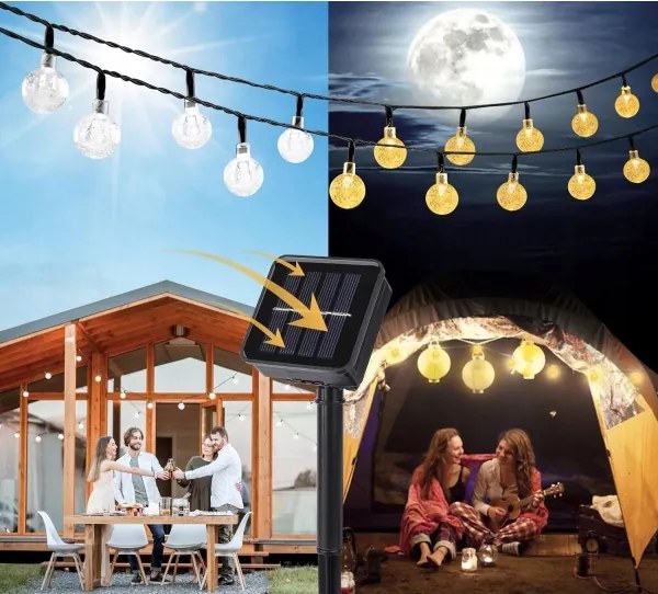 Ghirlandă solară decorativă LED, 50 LED, 8 funcții, acumulator 500 mAh, 9,5 m, IP67, alb cald