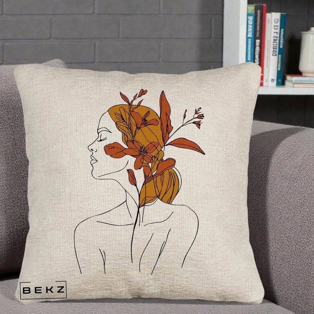 Perna Decorativa Portret Feminin Crin Ruginiu Auriu, 40x40 cm, Bej Canapea, Husa Detasabila, Perna Inclusa, BEKZ®