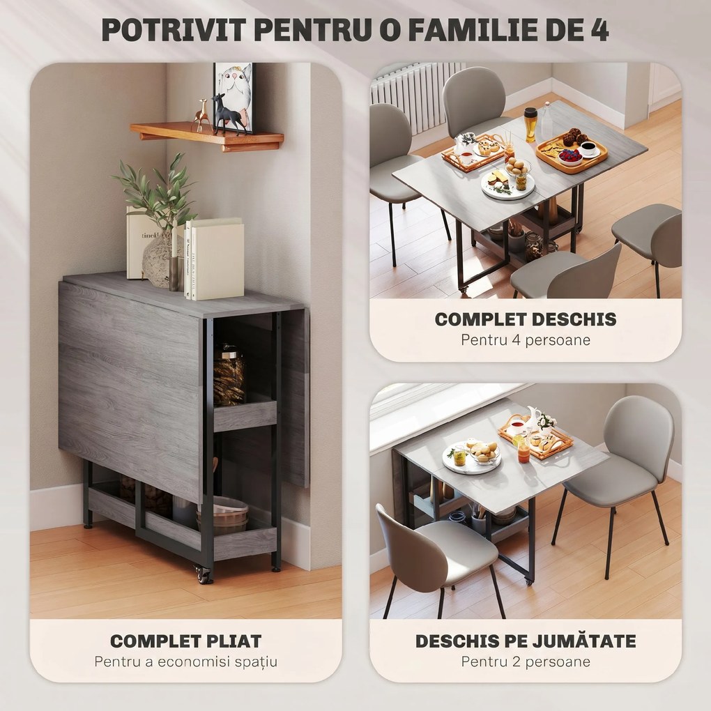 HOMCOM Masă Pliabilă cu 2 Blaturi Rabatabile pentru 4 Persoane cu 2 Rafturi Deschise, Gri | Aosom Romania