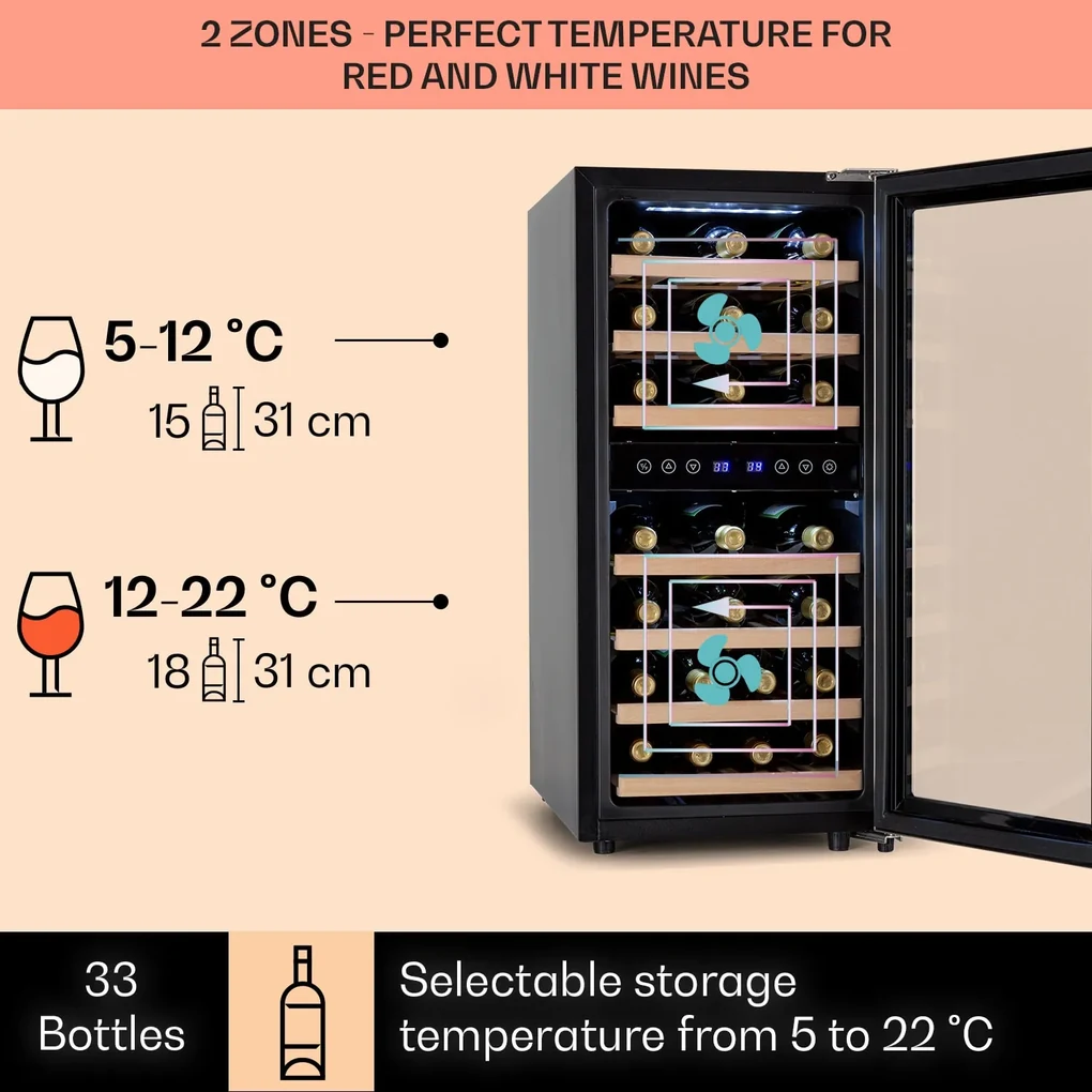 Vinamour 33 Duo, frigider pentru vin, 2 zone, 89 l / 33 sticle, 5-18 °C, control tactil