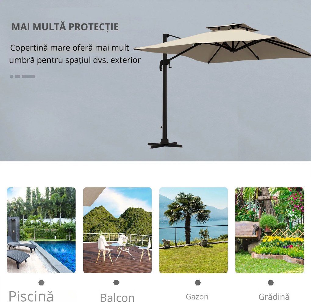 Outsunny Umbrelă de Soare cu Braț Înclinat în 6 Poziții cu Acoperiș pe 2 Niveluri, Umbrelă de Grădină din aluminiu și poliester, 294x294 cm, kaki | Aosom Romania