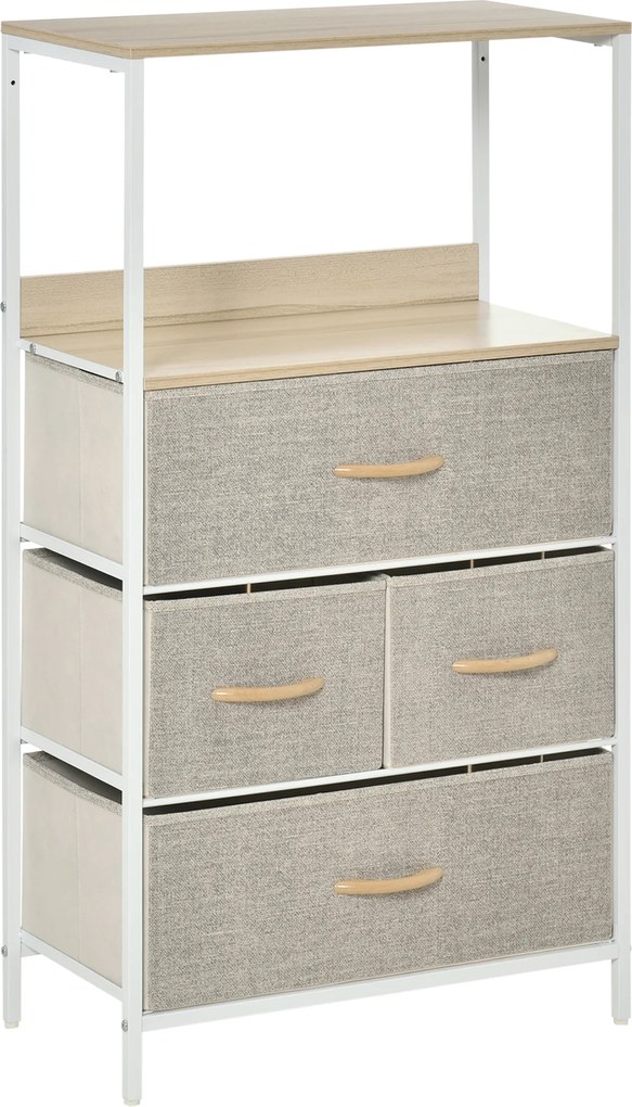 HOMCOM Comodă cameră mobilier de depozitare comodă 4 sertare din țesătură pliabile și detașabile cu rafturi deschise și cadru de metal, comodă pentru sufragerie, cameră, intrare, gri deschis | Aosom Romania