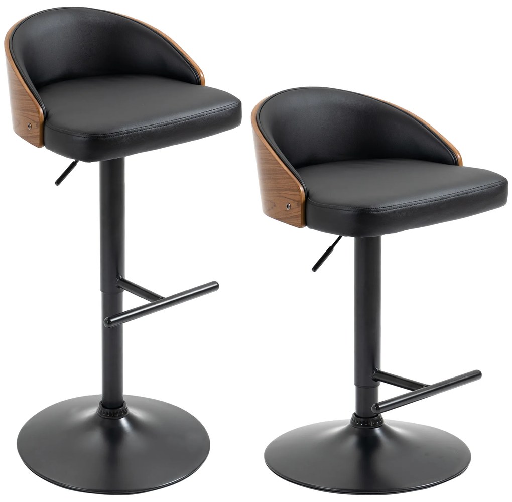 HOMCOM Scaune de Bar Set 2 buc., Scaun de Bar Tapitat din Oțel și Lemn Masiv, Înălțime Reglabilă pentru Bucătărie cu Suport pentru Picior, Rotativ 360°, Scaun de Bar pentru Bucătărie, Sufragerie, Sală de Mese, Negru+Cafea | Aosom Romania