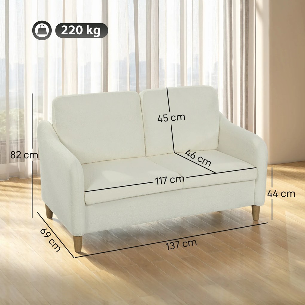 HOMCOM Divan 2 Locuri Imbottit în Sherpa cu Perne Detașabile, Picioare din Lemn de Eucalipt, Design Compact pentru Living, 137x69x82 cm, Crem | Aosom Romania