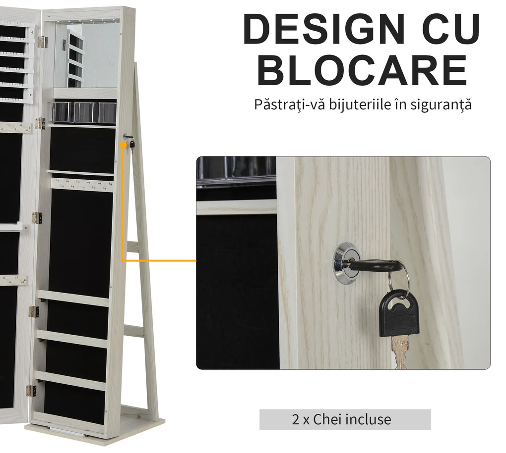 HOMCOM Dulap Bijuterii LED Alb cu Cheie | Aosom Romania