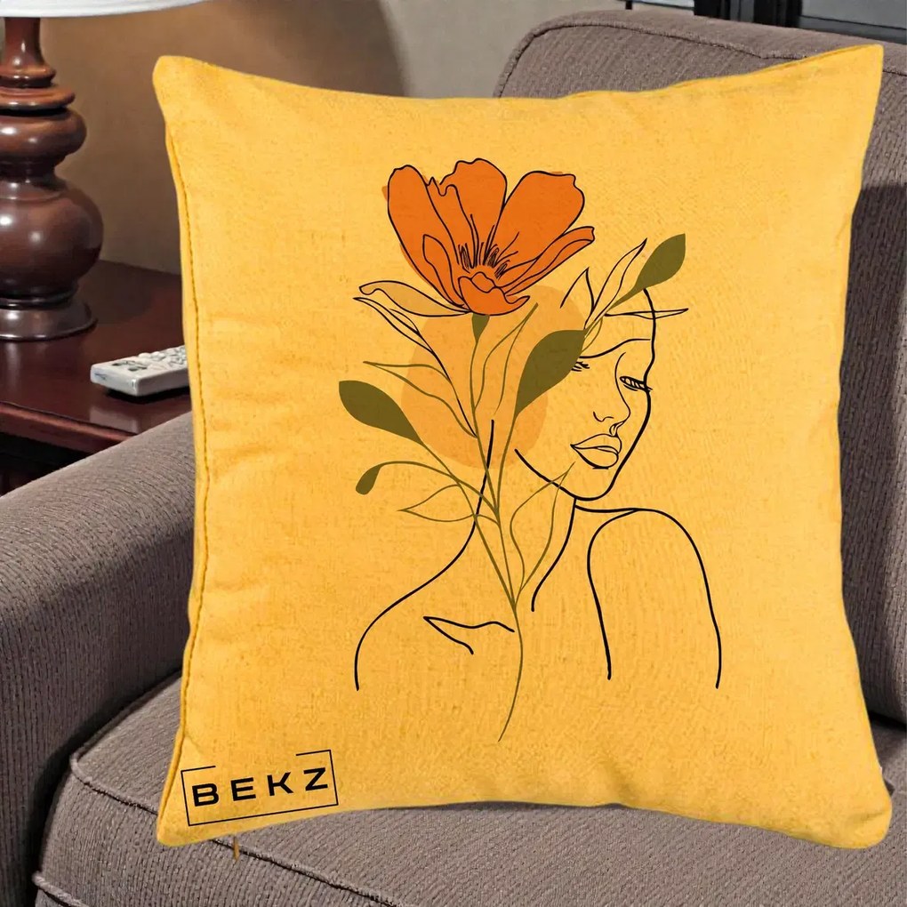 Perna Decorativa Portret Feminin Floare Portocalie, 40x40 cm, Galben, Husa Detasabila, Perna Inclusa, BEKZ®
