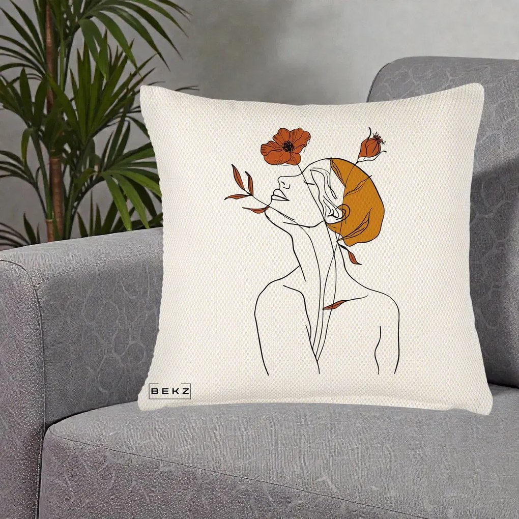 Perna Decorativa Portret Feminin Mac Privire Inalta, 40x40 cm, Crem Reliefat, Husa Detasabila, Perna Inclusa, BEKZ®