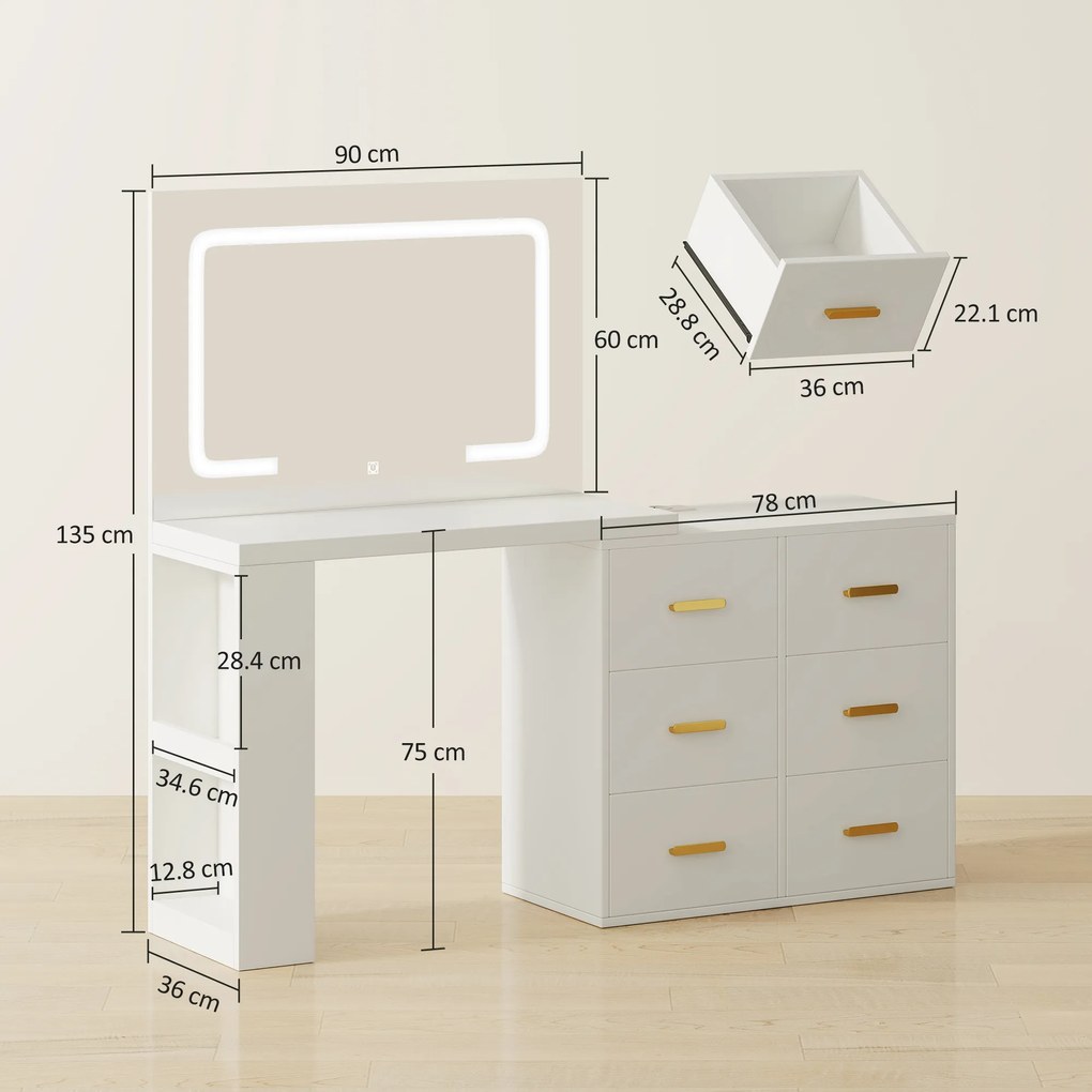 HOMCOM Masă de Toaletă cu Oglindă LED, 6 Sertare și Prize, Birou Modern Alb pentru Dormitor | Aosom Romania