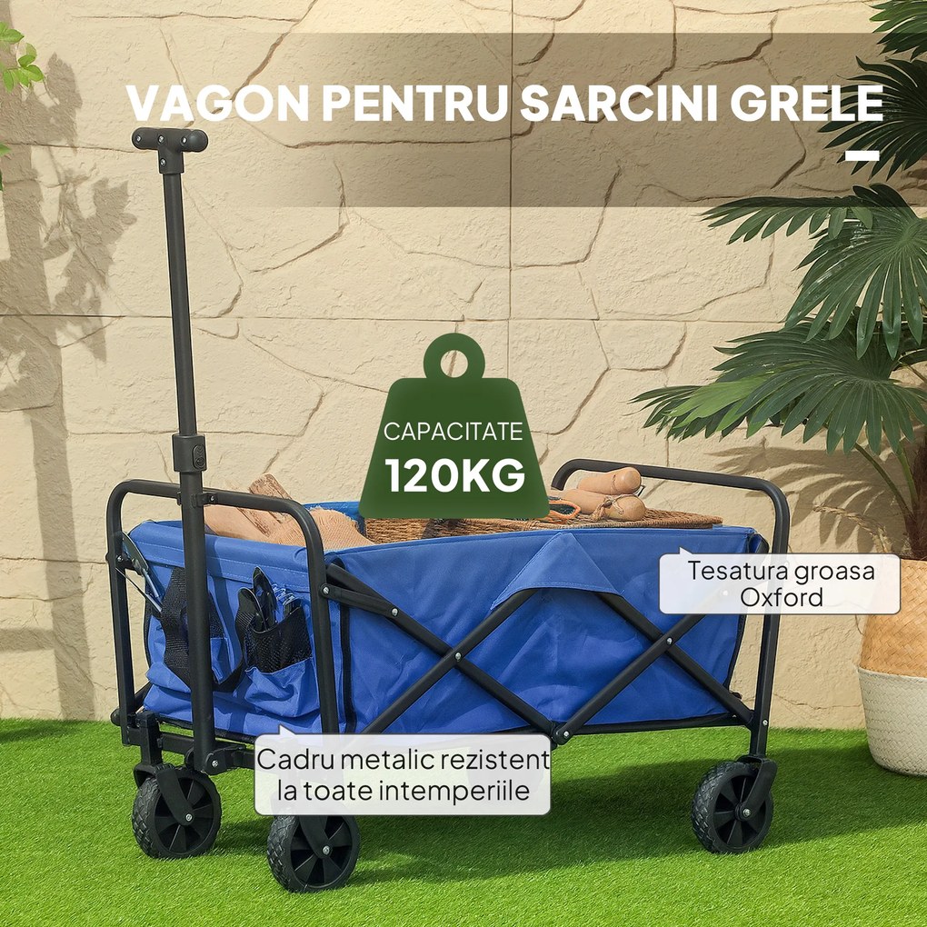 Outsunny Trolley de 62L pentru Festivaluri pe Roți, Cărucior de Grădină Pliabil, Wagon Compact cu Capacitate 120kg, Mâner Reglabil și Geantă pentru Plajă, Camping, Festivaluri, Albastru | Aosom Romania