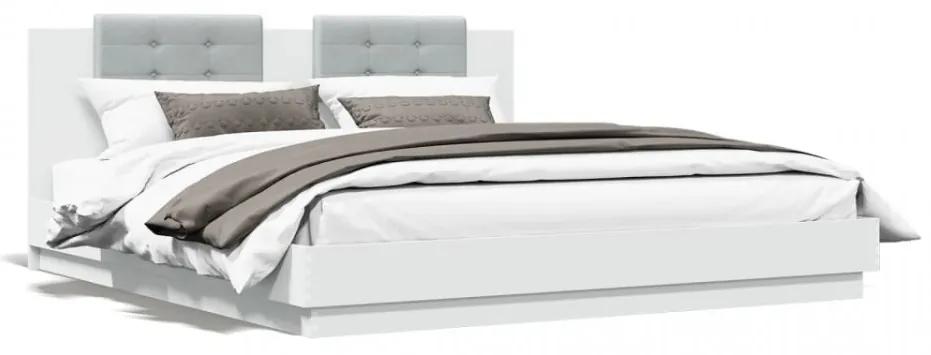 Cadru de pat cu tăblie și lumini LED, alb, 160x200 cm
