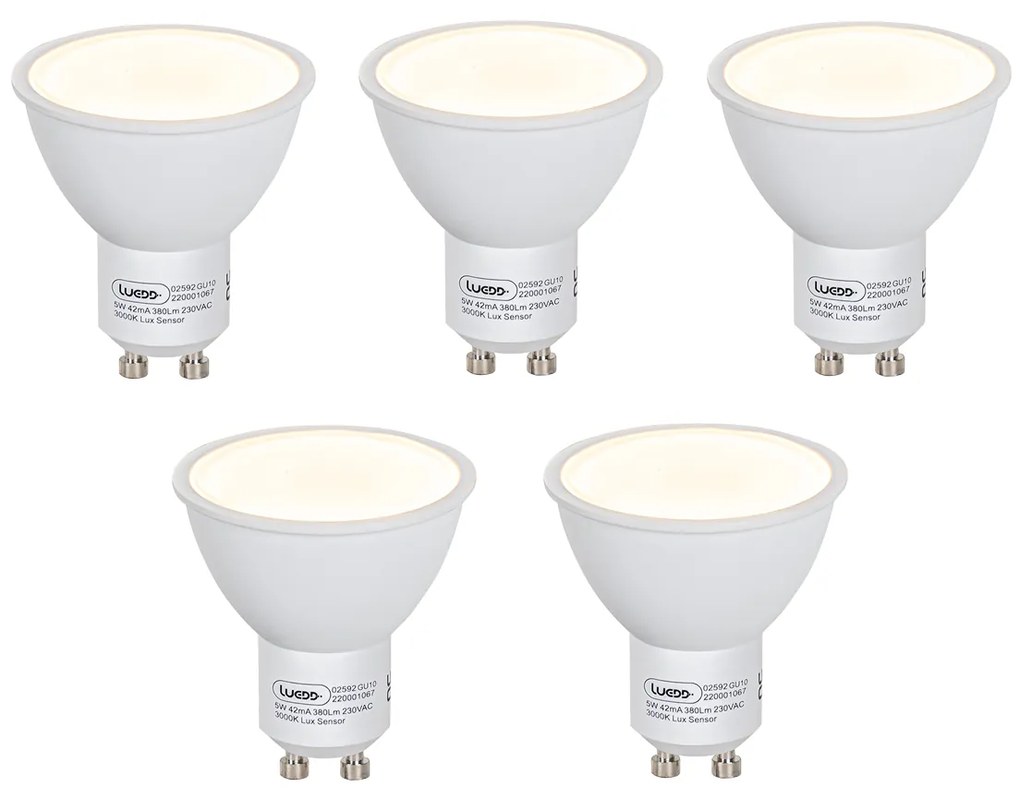 Set de 5 becuri LED GU10 cu senzor crepuscular 5W 380lm 3000K