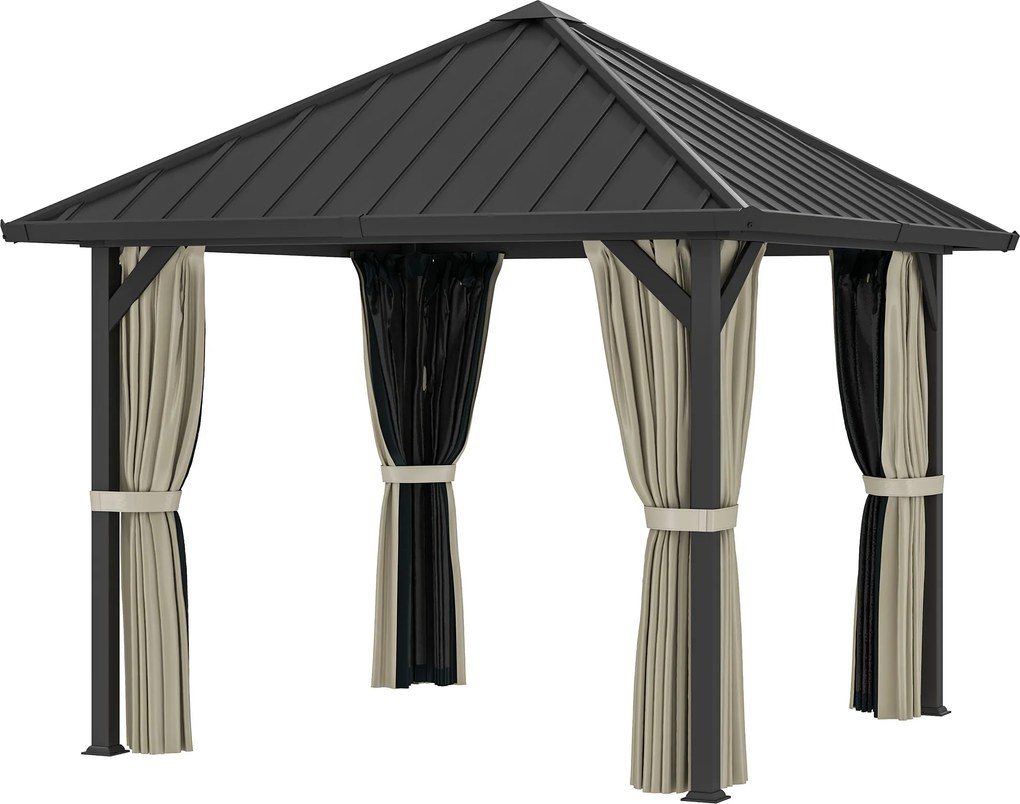 Outsunny Pavilion cu acoperiș solid 3 x 3 m, pavilion de grădină cu acoperiș metalic, cort de grădină impermeabil cu plasă și pereți laterali, Gri închis | Aosom Romania