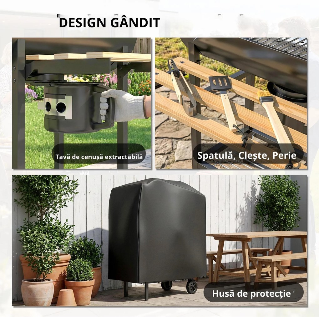 Outsunny Grătar pe cărbuni cu căruț de gătit, etajere pliabile, termometru, roți, rotisor electric, negru | Aosom Romania