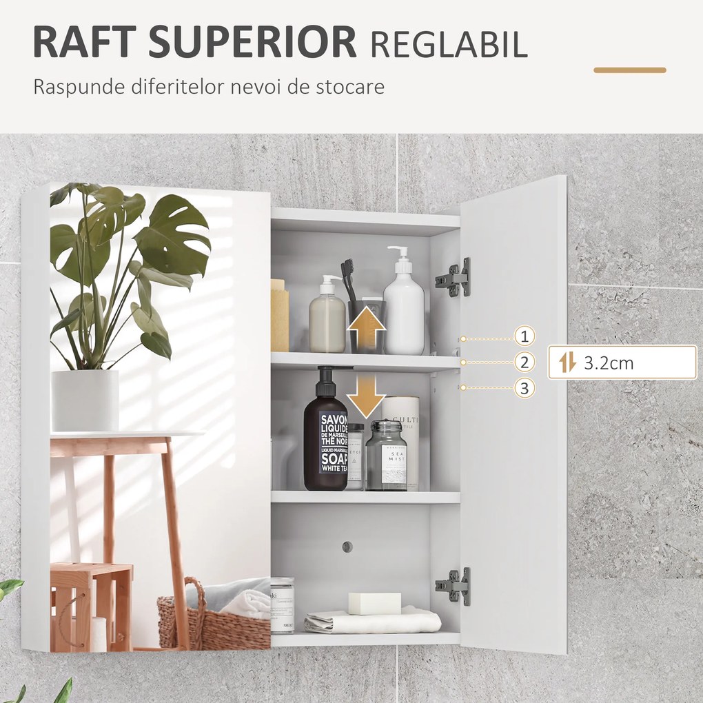 kleankin Dulap de Baie cu Oglindă, 2 Uși Soft Close, 60x15x60 cm, Rafturi Ajustabile, Dulap Suspendat cu Economisire de Spațiu, Alb Lucios | Aosom Romania