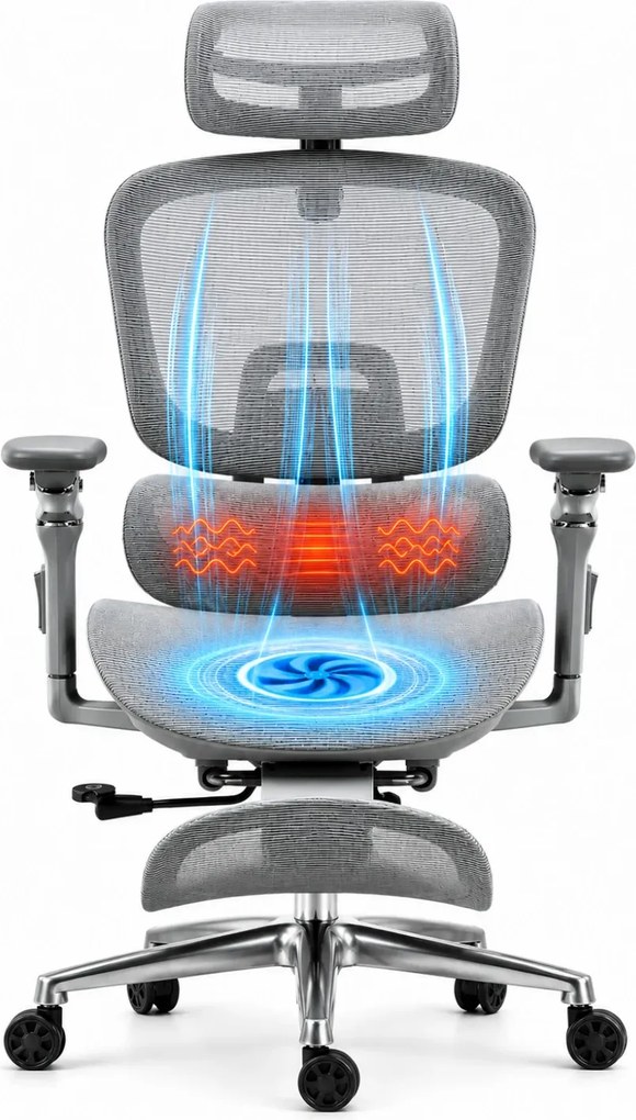 VIGOCHAIR ULTRA PRO VENT Scaun ergonomic, suport lombar cu masaj si incalzire, sezut cu ventilatie, sezut translatie, spatar reglare verticala, cotiere 6D, suport picioare, Full Mesh, Gri