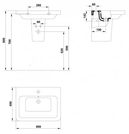 Lavoar suspendat alb 60 cm, dreptunghiular, Gala Street Square 600x450 mm