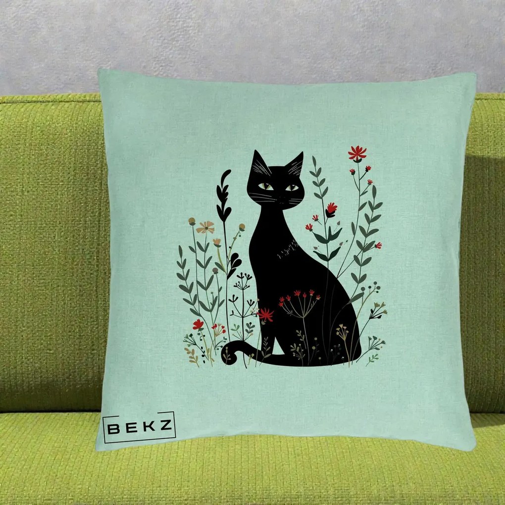 Perna Decorativa Pisica Neagra Botanica Rosu-Gri, 40x40 cm, Verde Menta, Husa Detasabila, Perna Inclusa, BEKZ®