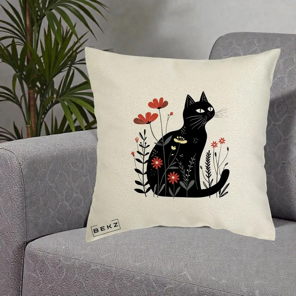 Perna Decorativa Pisica Neagra Flori Rosii Folk, 40x40 cm, Ecru, Husa Detasabila, Perna Inclusa, BEKZ®