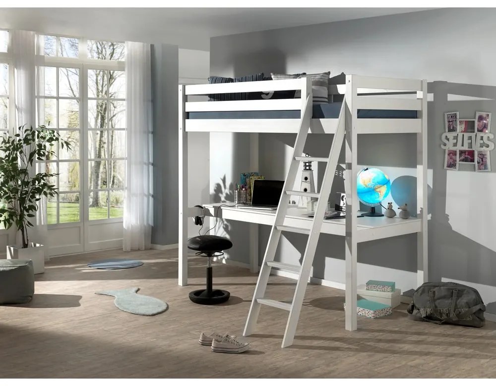 Pat pentru copii alb înalt din lemn masiv de pin 140x200 cm PINO – Vipack