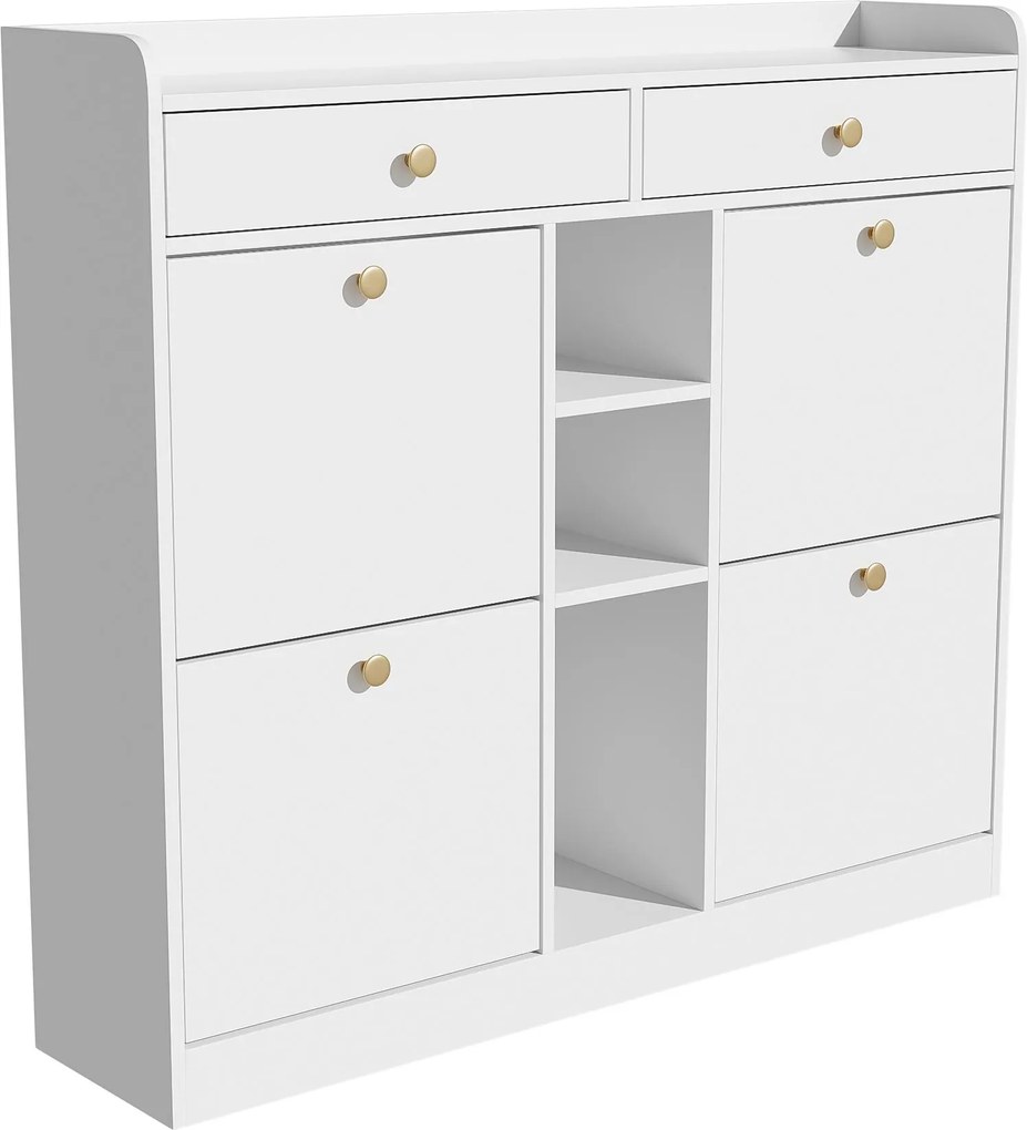 Dulap pentru pantofi cu 4 uși rabatabile, 2 sertare și 3 compartimente deschise, 110x26x100 cm, Alb